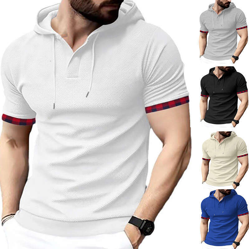 Men's Plaid Cuff Spliced Hooded T-shirt Casual Henley Neck Short Sleeve Tee Top