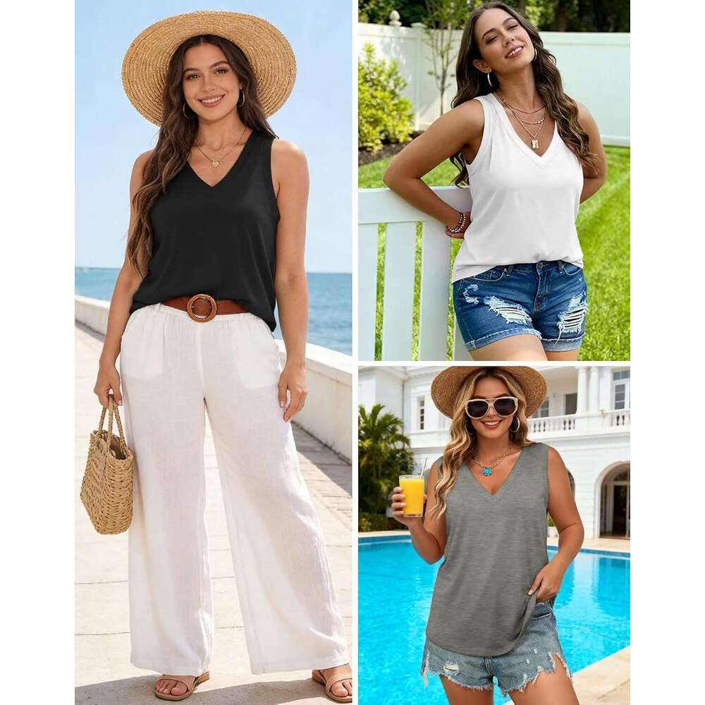 3 Pack Womens Tank Tops 2026 Spring Summer Vacation Outfits V Neck Loose Sleeveless Blouse Casual Shirts Designer Fashion Clothes