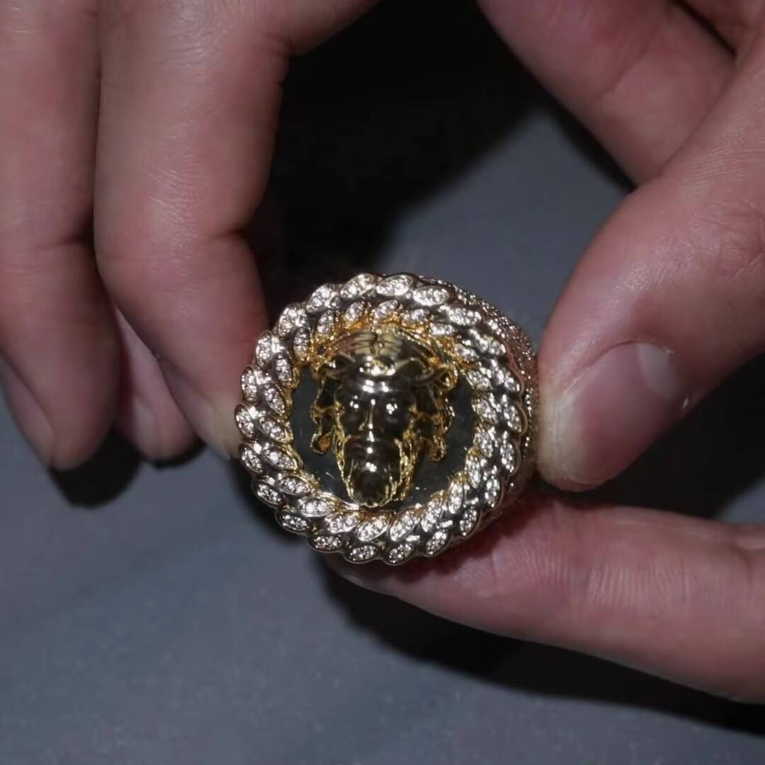 Wholesale Hip Hop Jewelry Christian Jesus Ring Iced Out Cubic Zircon Diamond Jesus Face Head Christ Brass Real Gold Plated Ring