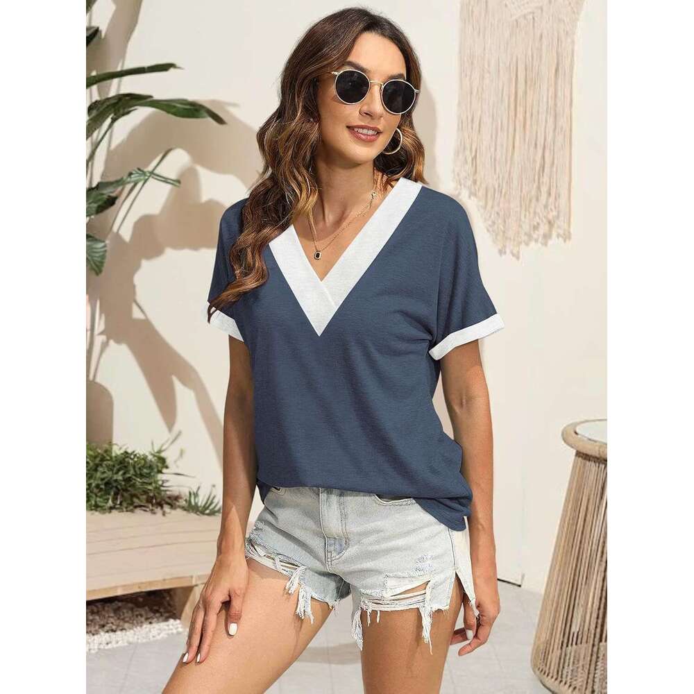 Women Summer Top V Neck Short Sleeve Blouse Casual Loose Tees Comfort Colors Designer Tshirt 2026 Fashion Beach Vacation Clothe