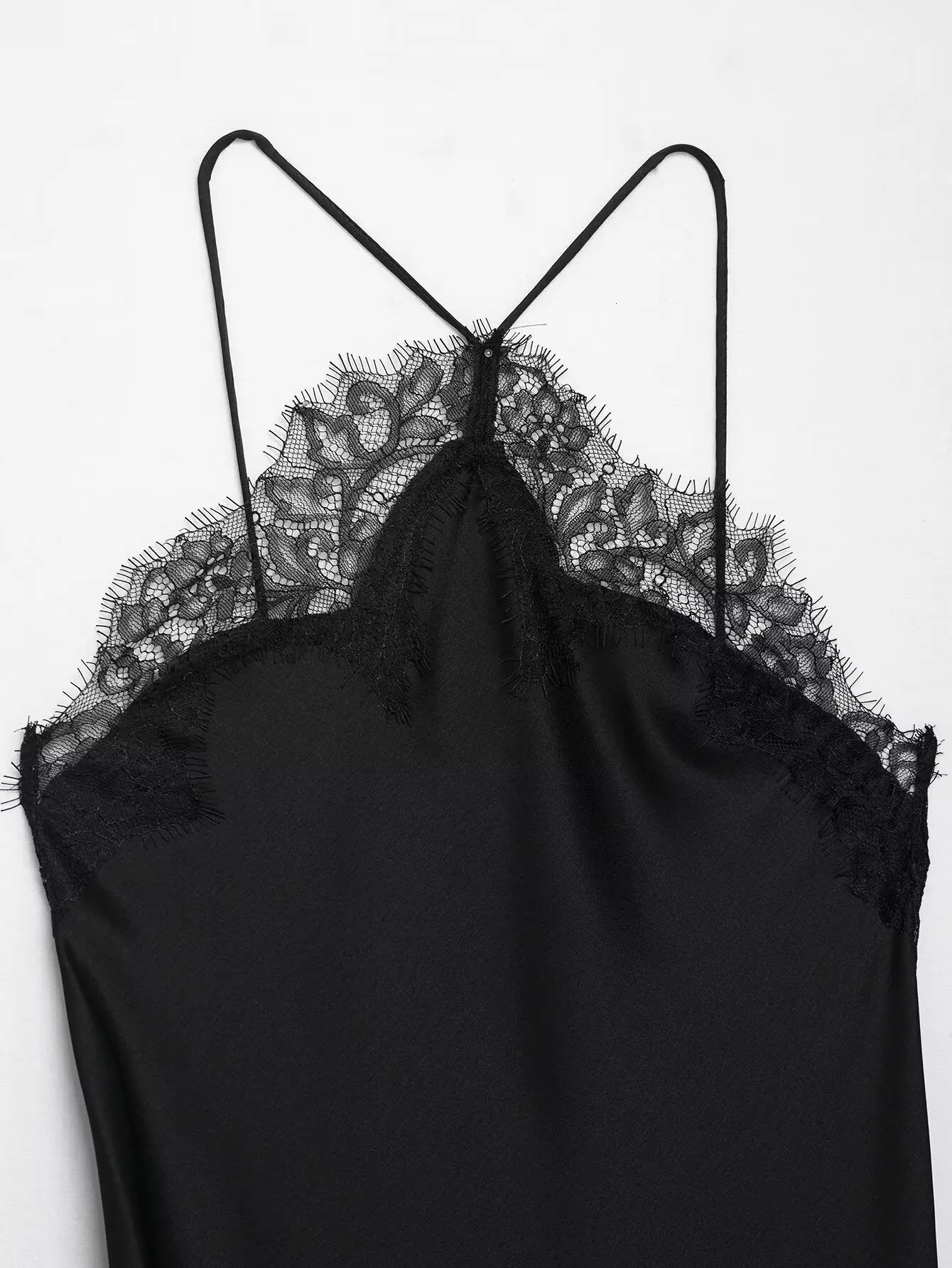 BSAY Summer Product Womens Lace Decorative Satin Texture Strap Sexy Dress with Hanging Neck and Asymmetric Bottom 260306