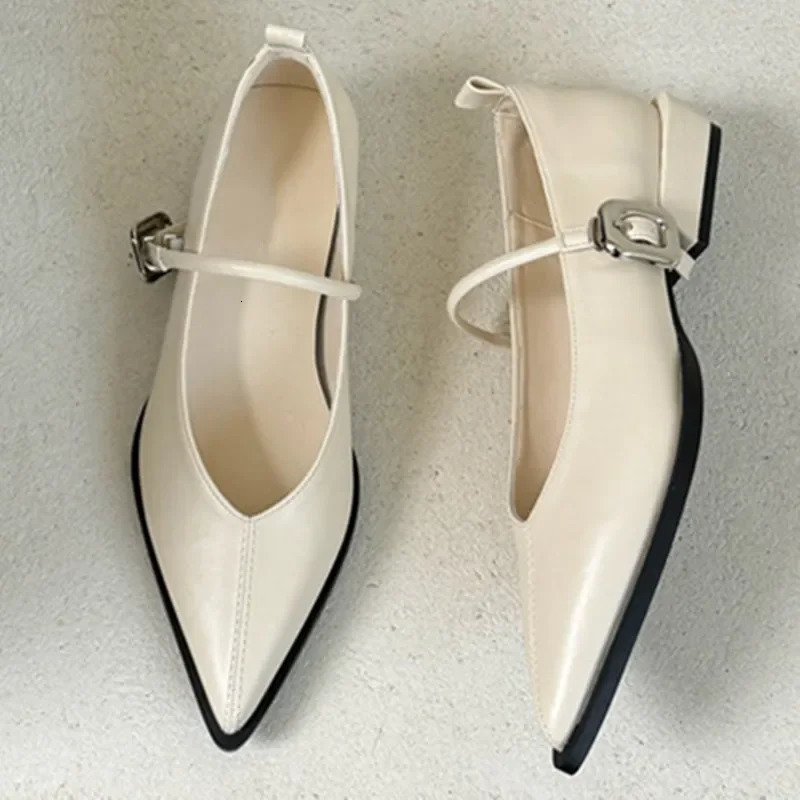 Pointed Toe Women Shoes Buckle Strap Solid Color Retro er Low Heel Shallow Female Shoes Leather Concise Casual Shoes 260303