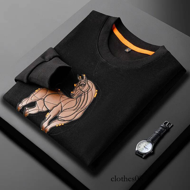 Luxury Brand Spring Horse Embroidery Sweatshirts Men Long Sleeved Round Neck Casual Sweatshirt Social Office Streetwear Pullover