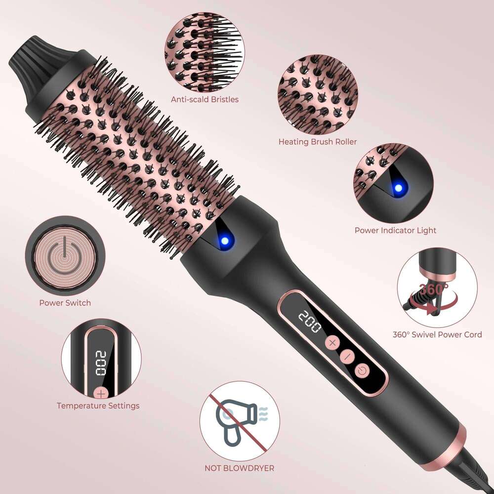 1.5 Inch Thermal Create Loose & Volume Curls Heated Iron Brush 9 Heat Settings Ionic Hair Curler Curling Comb 26Y0305