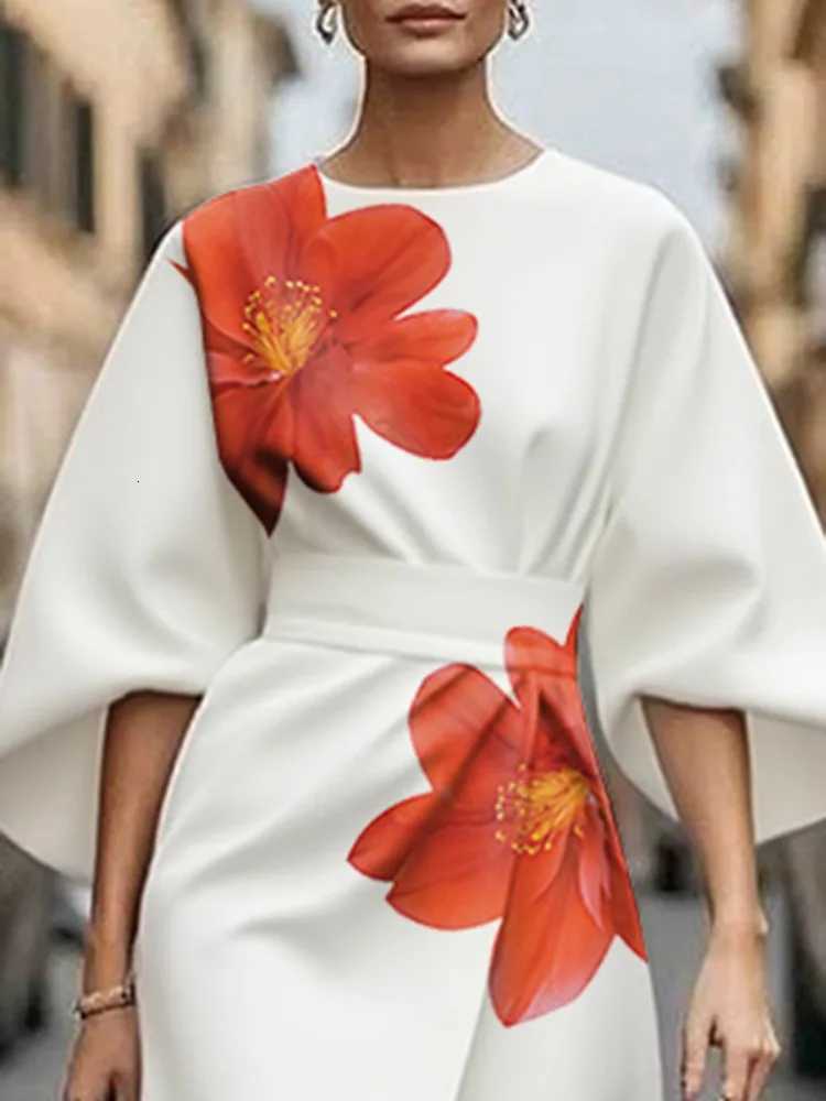 Freeacy 2025 Autumn New Floral Printed White Dress for Women Round Neck Flare Sleeves High Waist Evening Party Dresses X260306