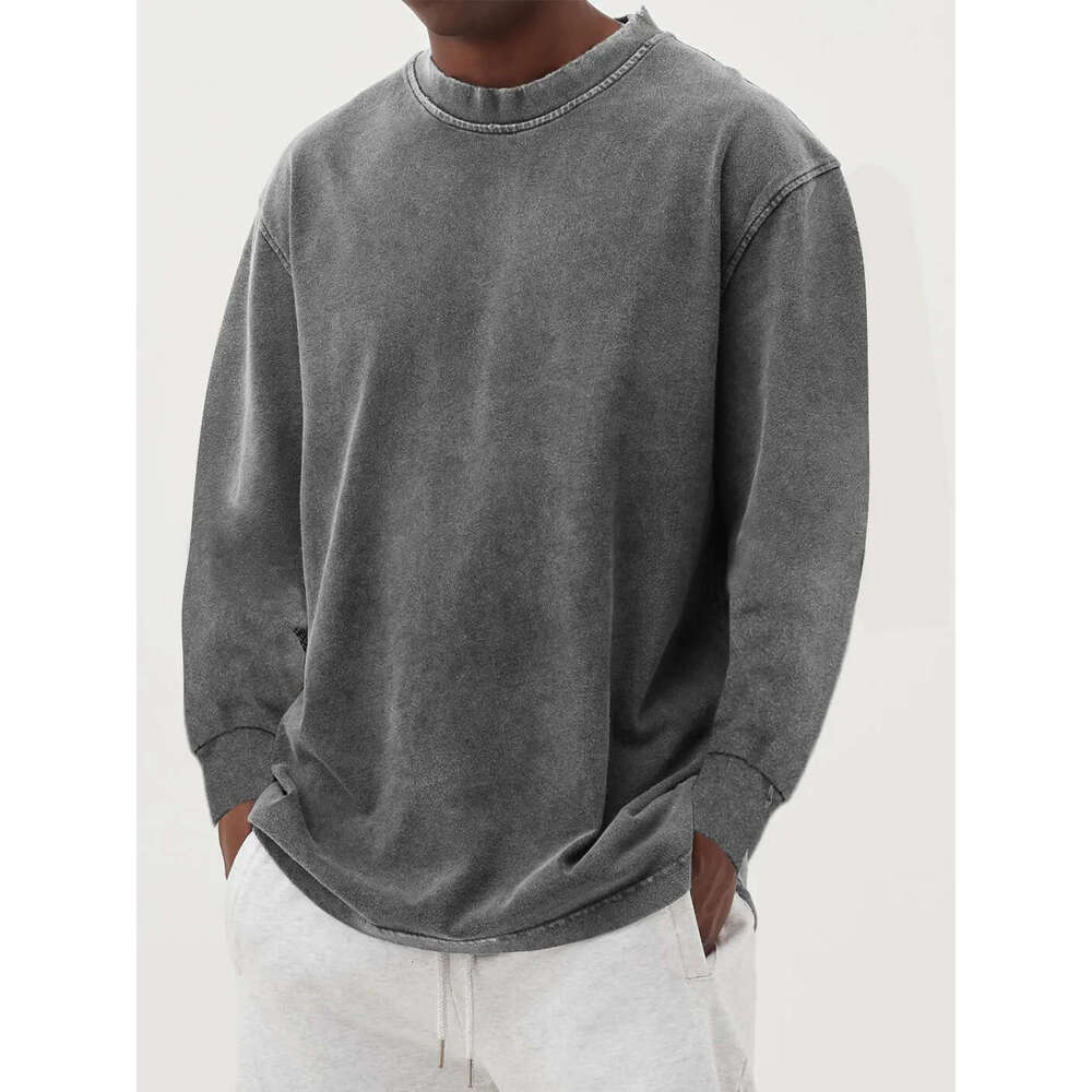 European and American cross-border men's casual pure cotton long-sleeve round-neck loose T-shirt vintage style