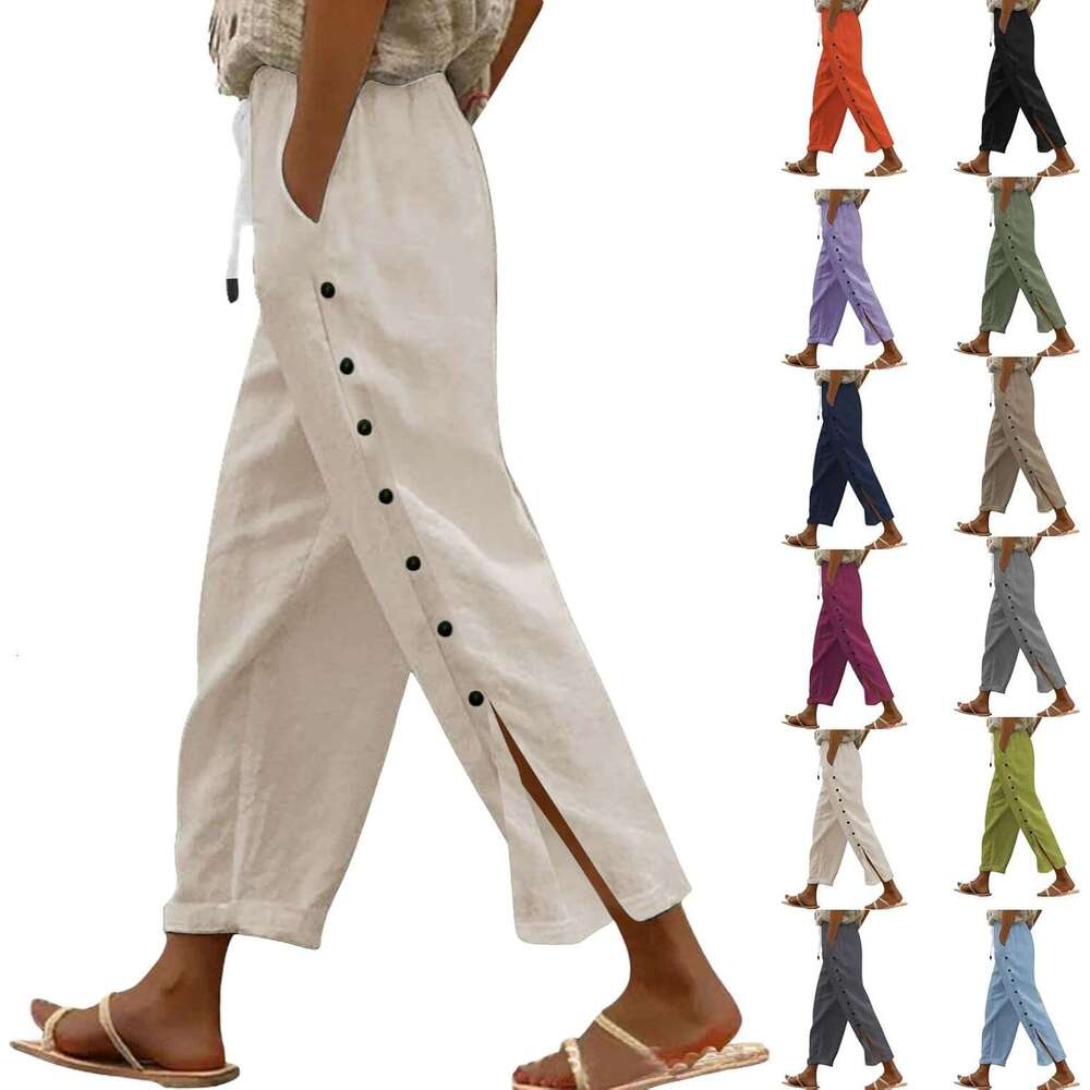 Linen for Women 2025 Spring Summer Lightweight Long Pants Vacation Beach Trousers Designer Side-Buttoned Closure Joggers