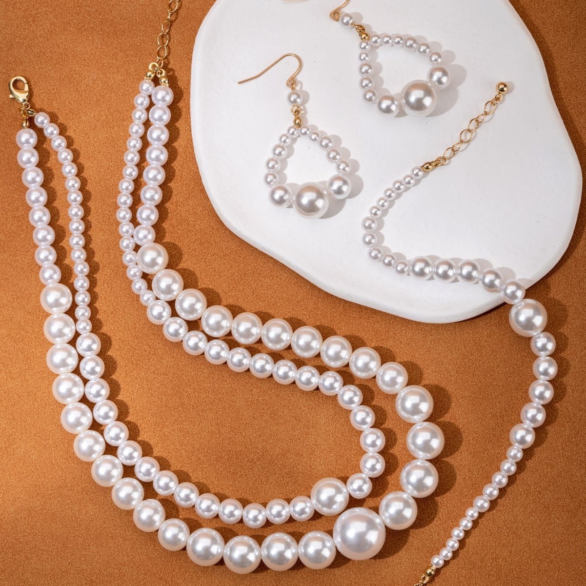 Light Luxury Versatile High-End Accessories European And American Elegant Socialite-Style Pearl Double-Layer Necklace, Bracelet, And Earrings