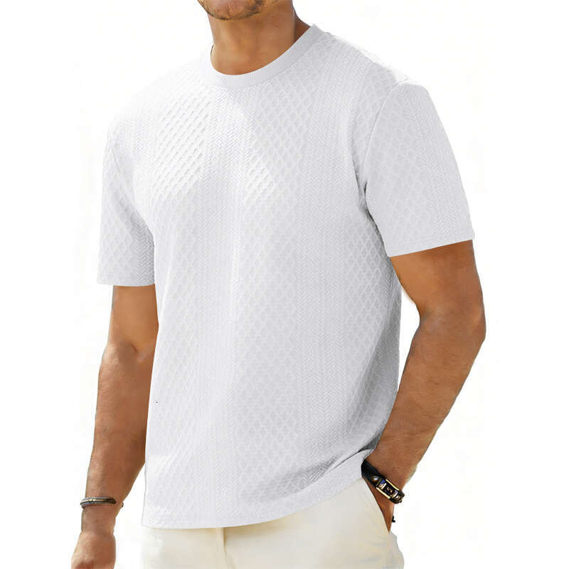 Cross-border Amazon Tiktok Summer New Men's Jacquard Textured T-shirt Casual Loose Solid Color Round Neck Short Sleeve