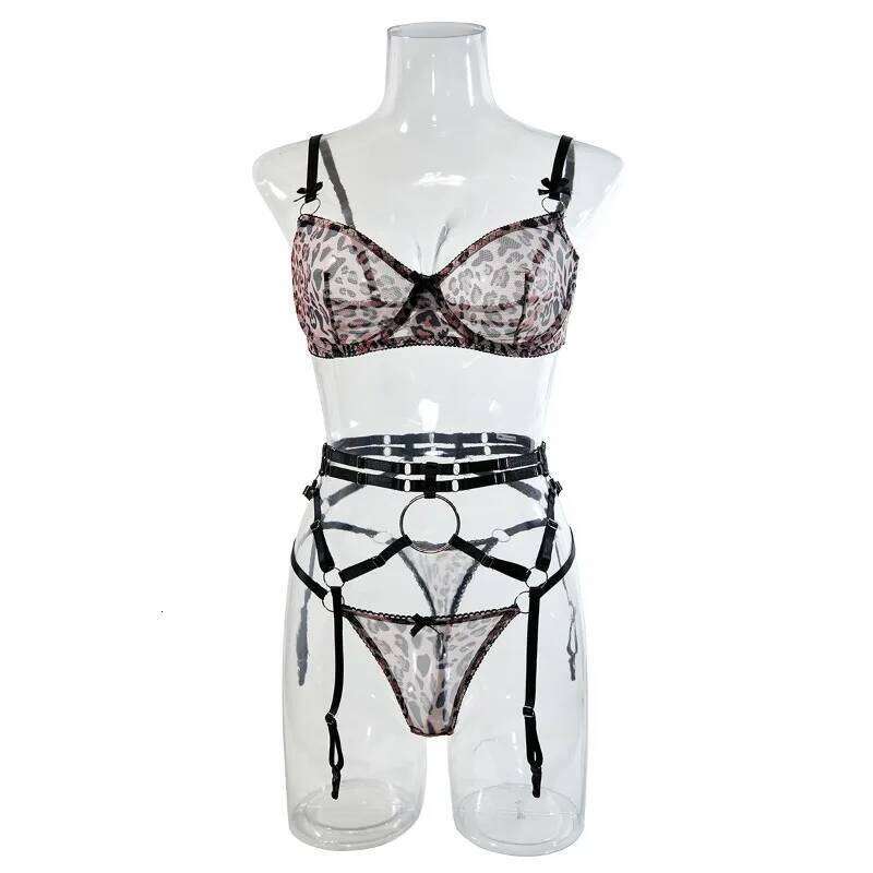 Tornova Lingerie for Women Three-piece Set of Leopard Print Perspective Sexy Hollow Out Garters Underwear Suit