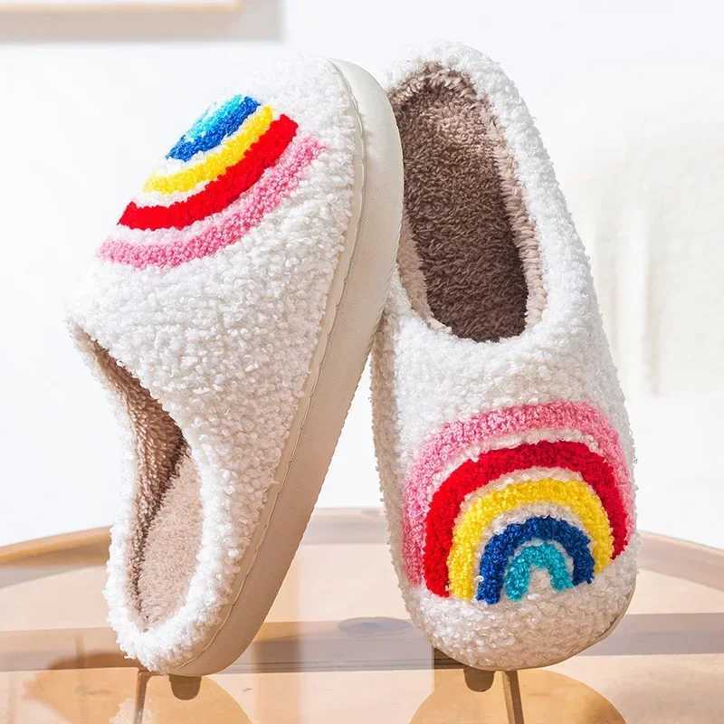 Women Rainbow Slippers Men Retro Preppy Slippers Winter Warm Plush House Fluffy Living Room Shoes Female New Christmas Gifts S260305