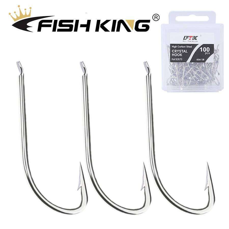 FISH KING 100PCS Saltwater High Carbon Steel White Single Worm Hook Crank Barbed Fishhook for Bass Fishing Tackle S260305