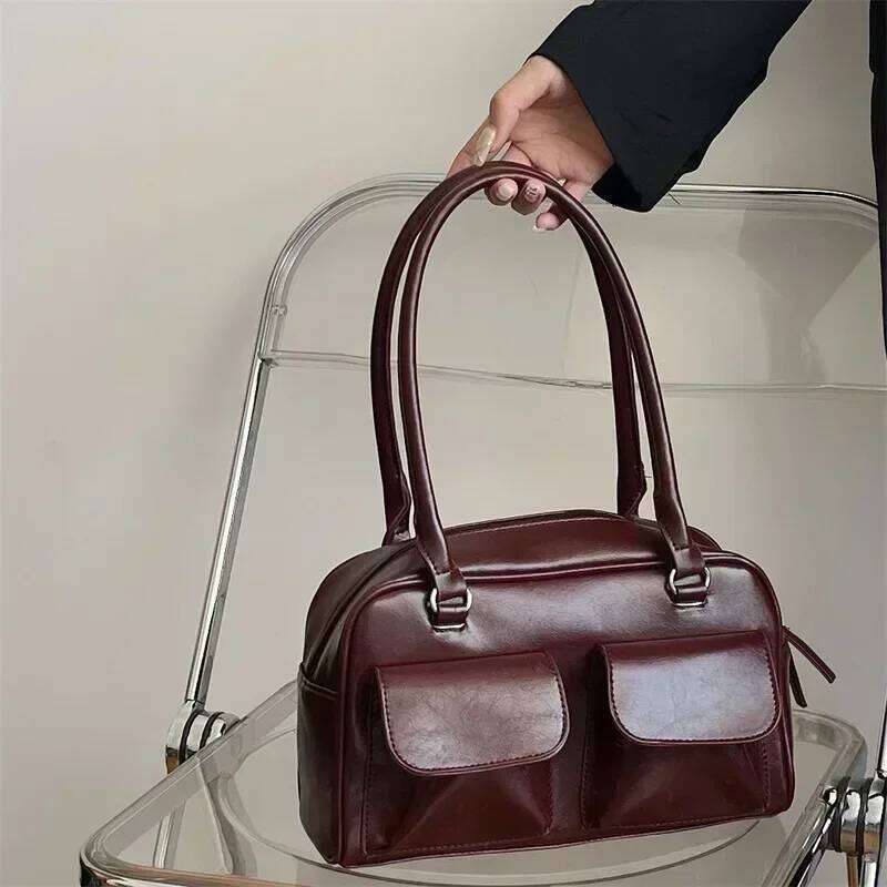 Vintage Women Business Shoulder Bags Simple Ladies Commute Tote Pu Leather Female Underarm Bag Burgundy Large Handbags Purse