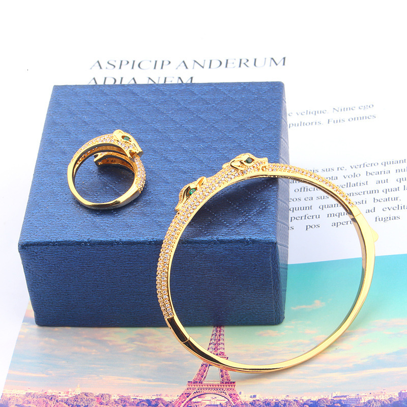 Bracelet Ring Set Style Punk Micro-Inlaid Bracelet Ring Zircon Simple Double-Headed Leopard Bracelet Ring Set, Personalized Jewelry For Men And Women 