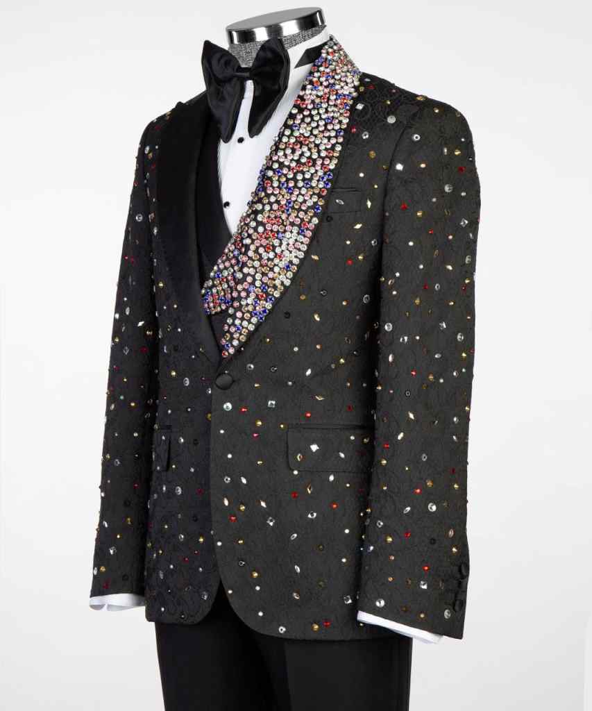 Sparkly Crystals 3 Pieces Suits For Men One Button Shawl Lapel Blazers Pant Jacquard Customized Trajes De Hombre