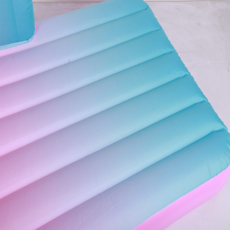 Gradient Inflatable Air Mattress with Built-in Pillow - Portable Single Bed for Camping, Guest Room & Home, Ombre Blue/Pink Design, Thickened PVC Slee