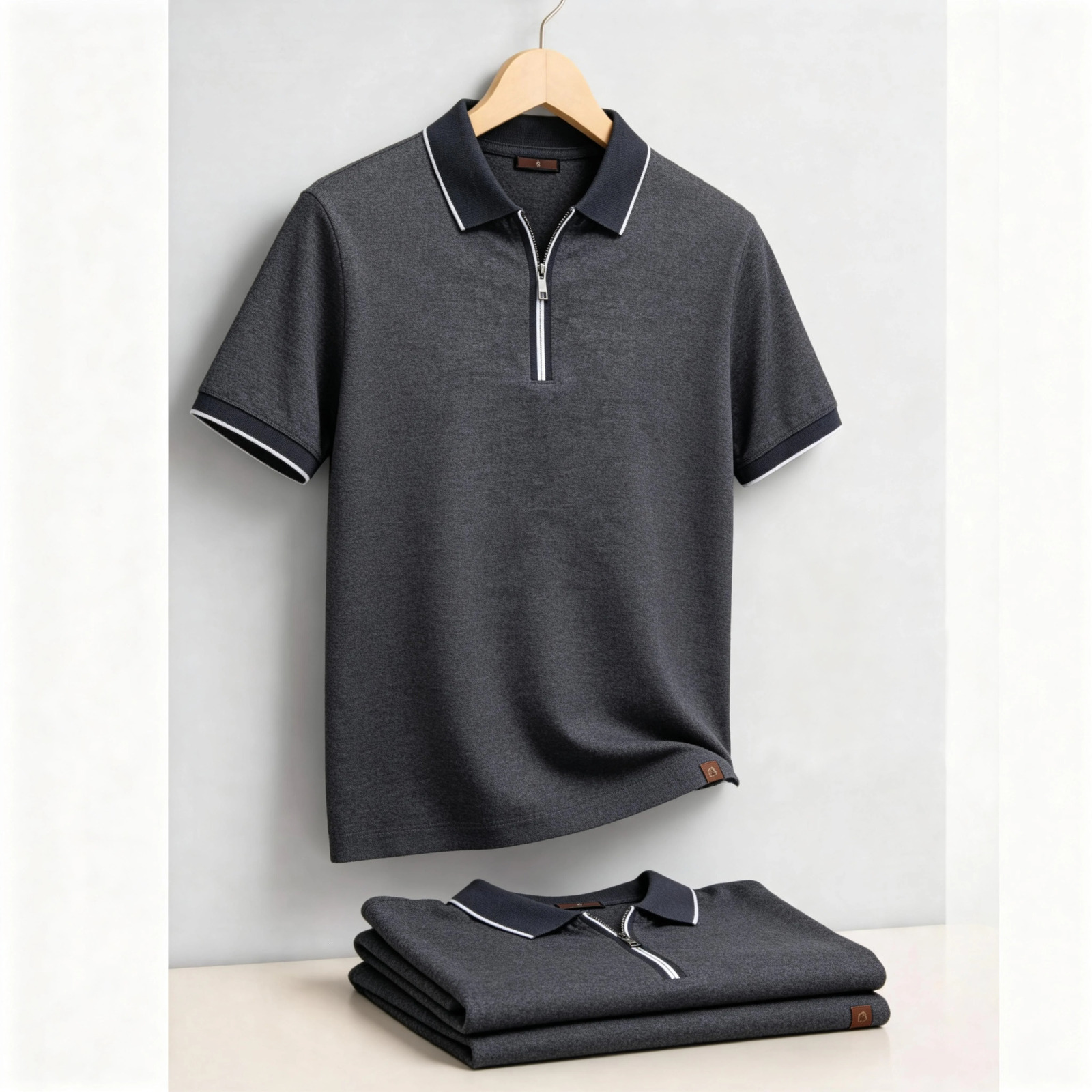 2026 Mens Cotton Blend Polo Shirts Short Sleeve Zippered Soft Breathable Lightweight Casual Solid Color Polo Shirt for Men 260304