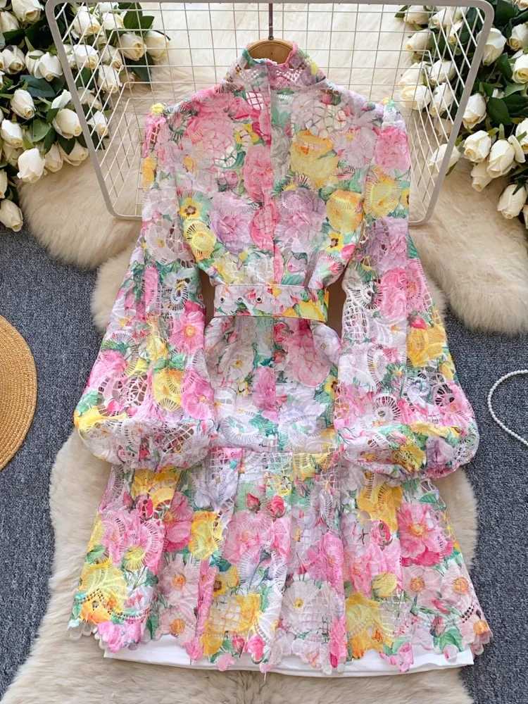 France Elegant Vintage Evening Dress Women Lace Button Sashes Print Party Dress Female Casual Chic Festival Clothing New X260306
