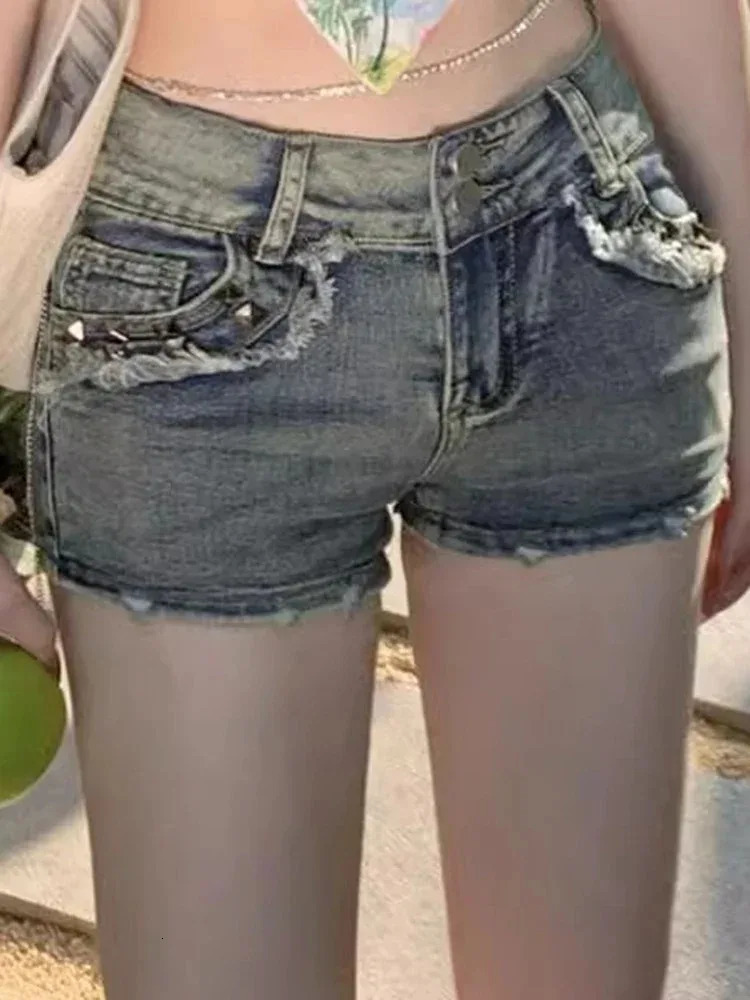 Women Korean Retro Y2k Shorts Pants Lady Vintage High Street Pants Female Blue Low Waist Elastic Wrapped Hip Short Jeans 260306