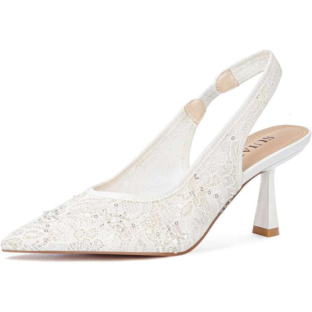 Slingback Wedding Heels For Women Bridal Lace Mesh Kitten Heel Closed Pointed Toe Pearl Pumps Shoes
