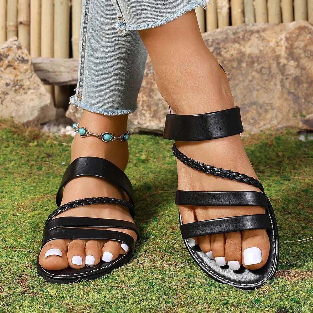 2025 Ladies Summer Solid Colour Simple Retro Ankle Strap Round Head Flat Bottom Plus Size Roman Shoes Comfyfor Women