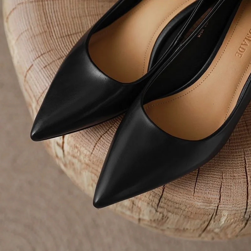 Women Low Price Soft Leather 5cm Thin Heels Pumps Brown Black Elegant OL Office Pointy Toe Slip-On Null Comfortable Shoes 43-34 260303