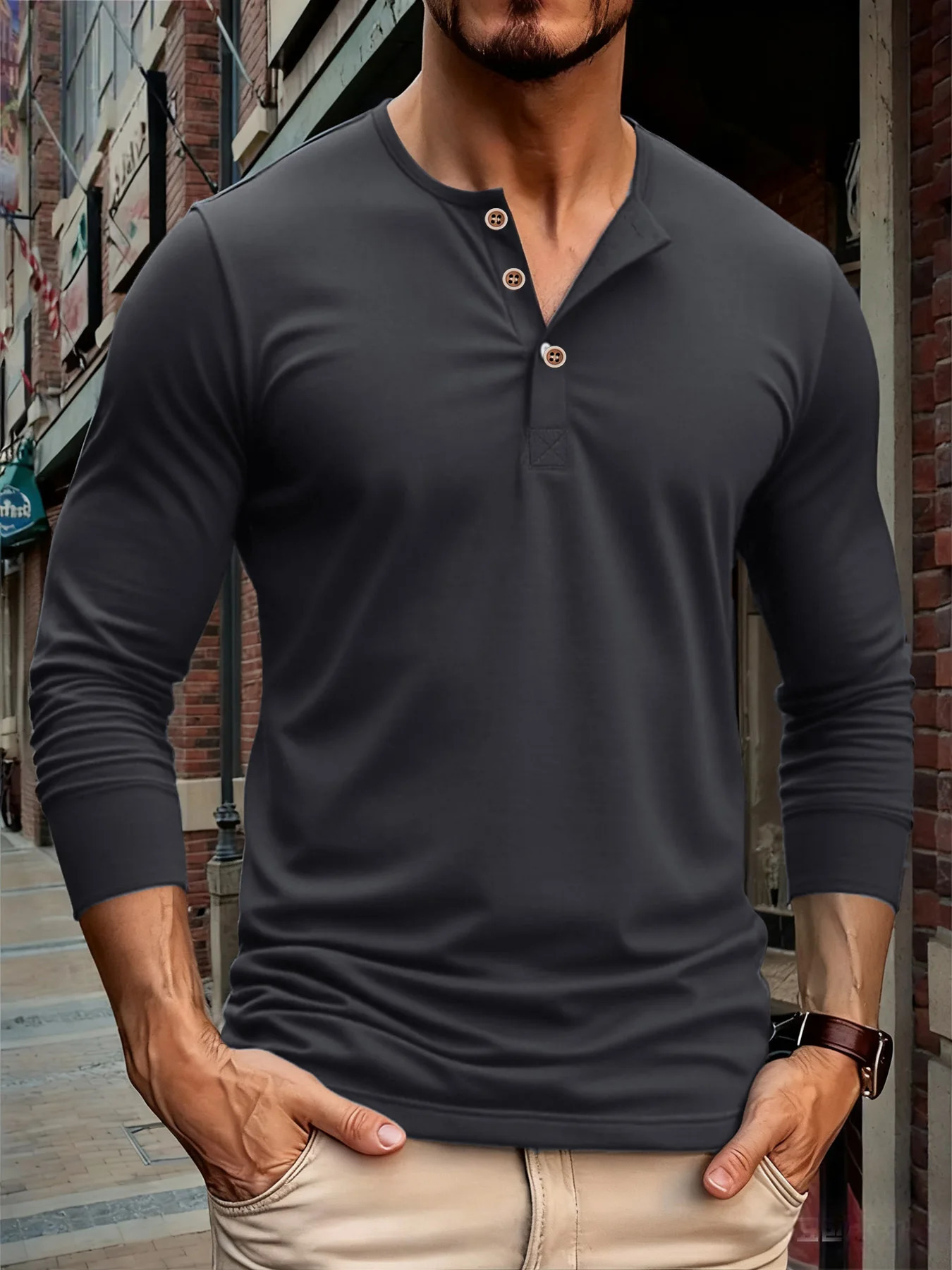 Autumn Men Button Long Sleeve Henley Neck TShirt Solid Color Casual Breathable Tops Street Tees Versatile Fashion Slim TShirts 260302