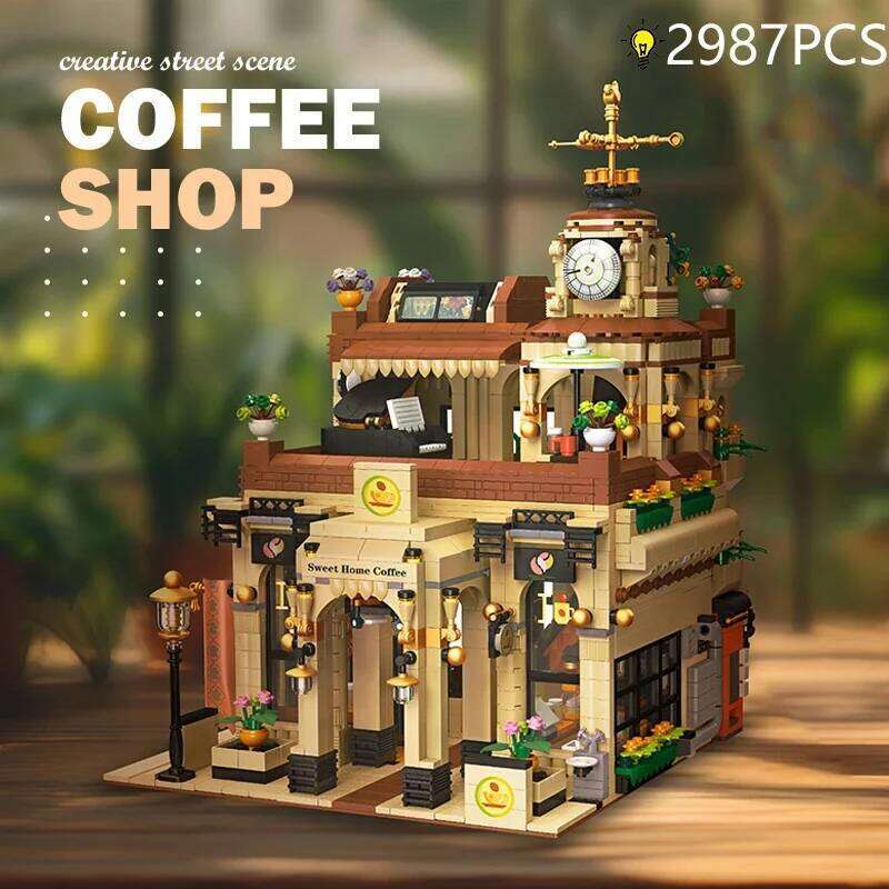 2987PCS Coffee Shop Building Blocks European Style Vintage Cafe Model Bricks Set With Light Desktop Ornaments Kids DIY Toy Gift Z260305