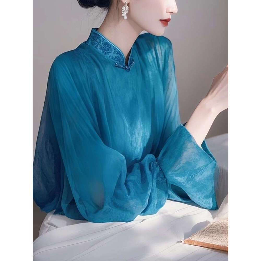 Mardi Hefxessdr 2025 Spring Fall Women Embroidery Stand Collar Flare Sleeve Chinese Style Blue Chiffon Top Shirt , Woman Vintage Tops Shirts