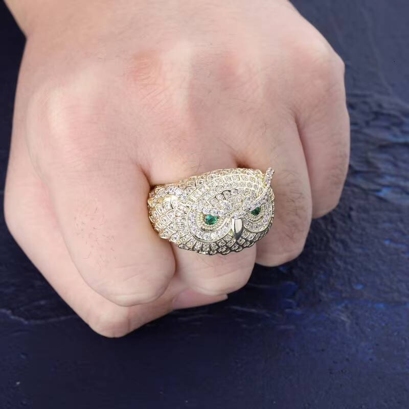Luxury Fashion Owl Emerald Brass Real Gold Plated Rings Stylish Hip Hop Cubic Zircon Iced Out Wedding Anniversary Party Jewelry