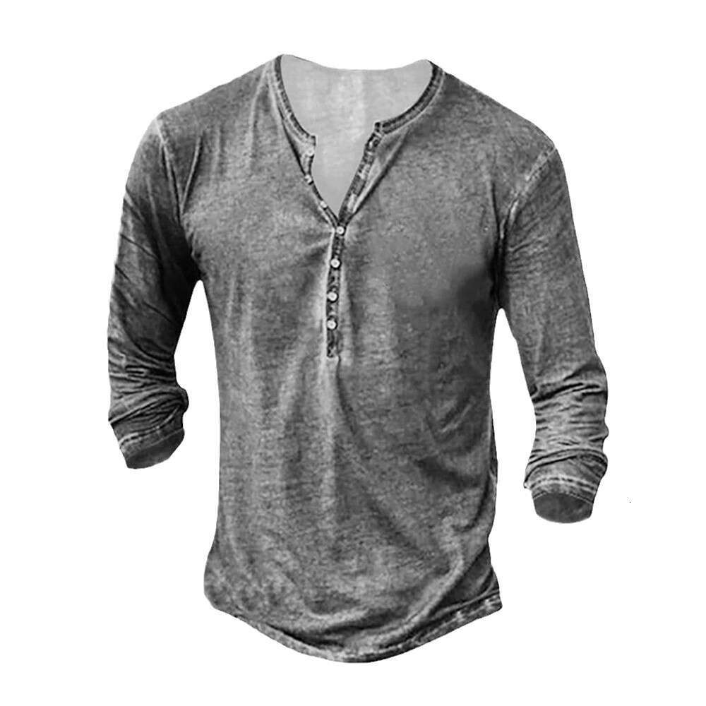 Cross-border European and American foreign trade retro button long-sleeve with 3D digital printing, men's solid color versatile T-shirt
