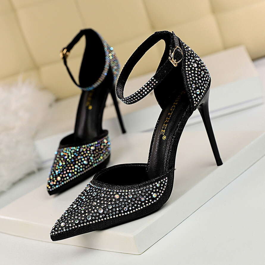 Women Style Sweet Heels Thin High Heel Shallow Mouth Pointed Toe Hollow Strap Shiny Rhinestone Women S Sandals