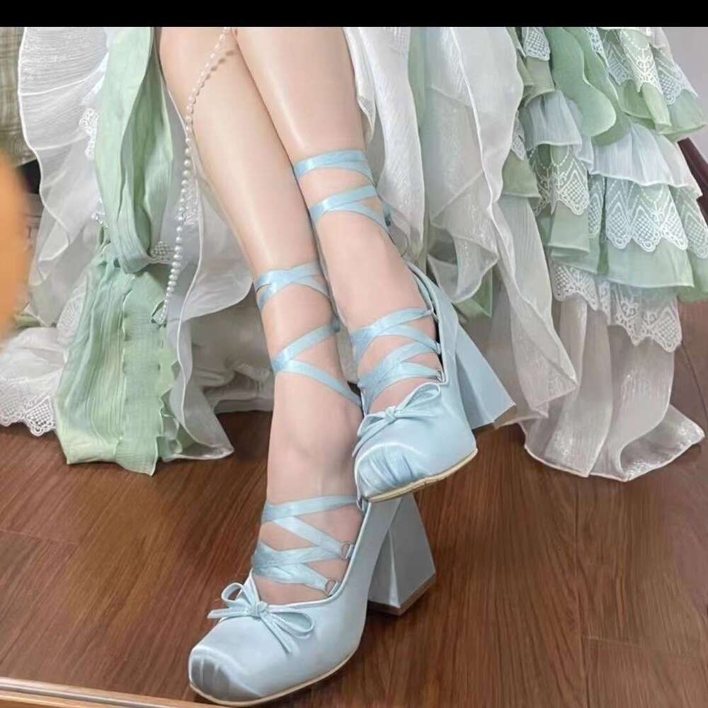 Pink Cross Strap High Heels Chunky Heel Girl Ballet Style Outdoor Elegant Satin Lolita Shoes Women