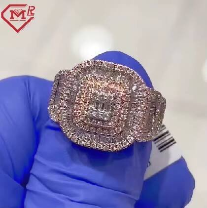 Iced Out Rapper Diamond Ring Hip Hop Rose Gold Plated Baguette Stone 925 Sterling Silver Vvs Moissanite Ring