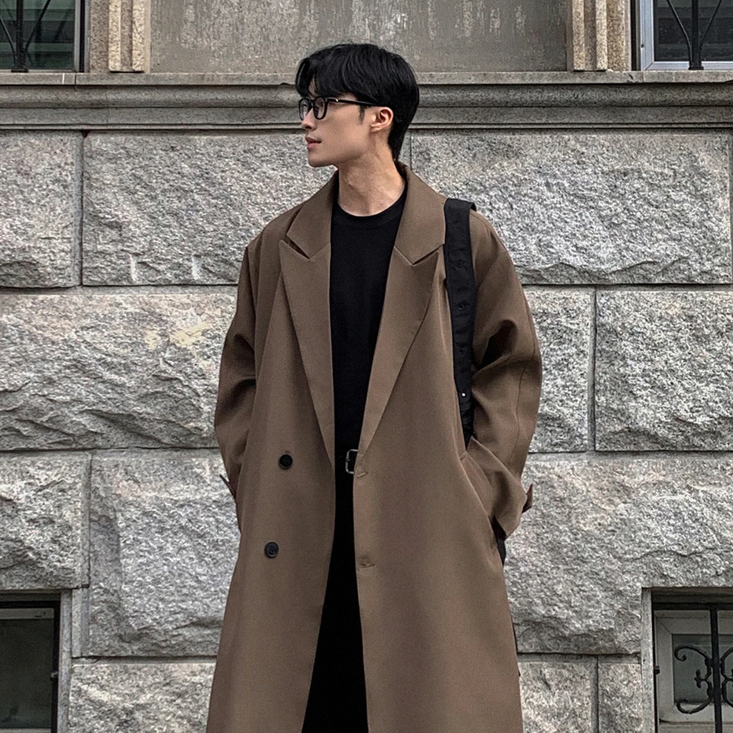 Trench Coat Autumn Korean Mens Fashion Overcoat Male Long Windbreaker Streetwear Men Outerwear BlackGrayCoffee 260302