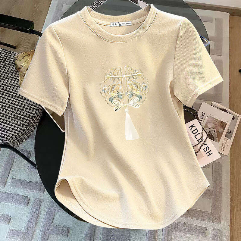 New Chinese Lightweight Embroidered Button Design short Women's Summer T-irt White Faionable Slim Fit round neck top Leisure multifunctional T-sl