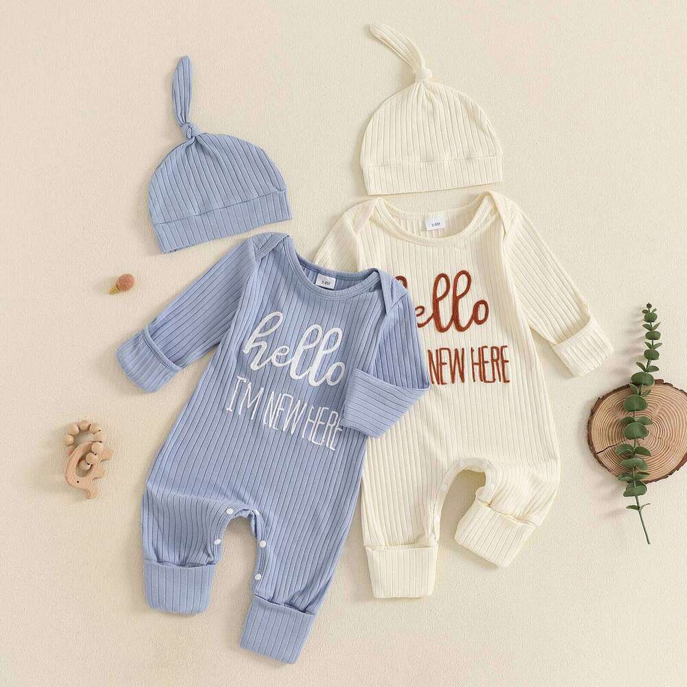 Newborn Baby Boy Fall Clothes Casual Letter Embroidery Long Sleeve Ribbed Romper Jumpsuit and Hat 2Pieces Set for Infants Z260306