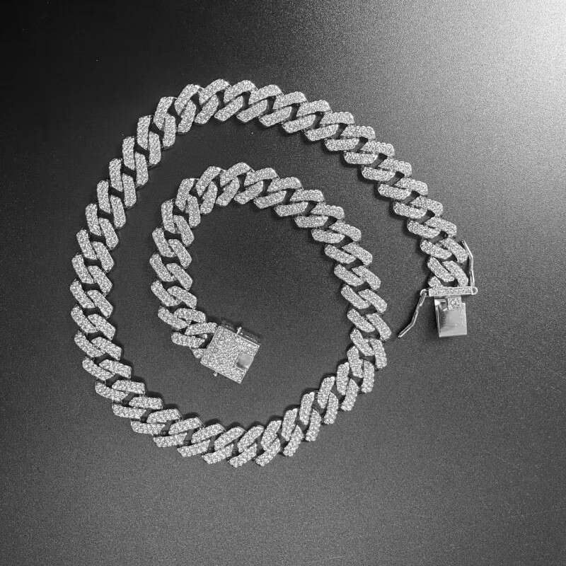 Source Manufacturer High-Quality Zinc Alloy 14MM Diamond Cuban Chain Necklace Bracelet Hip-Hop Unisex Jewelry Wholesale
