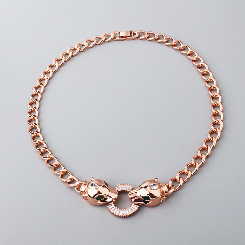Bracelet Minimalist Hip-Hop Copper Micro-Inlaid Zircon And Bracelet, Electroplated Exaggerated Punk Style Double Leopard Head Pendant Necklace