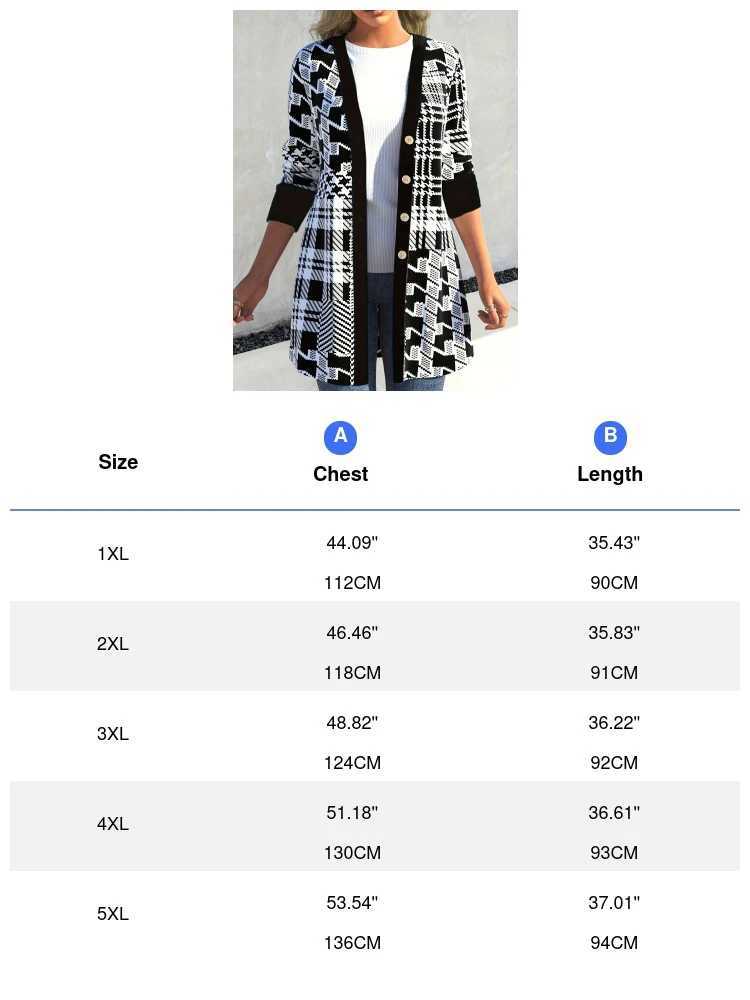 Plus Size Womens Elegant Geometric Print Button-Up Cardigan Knit Long Sleeve Open Front Sweater Autumn/Winter Casual Outerwear M260306