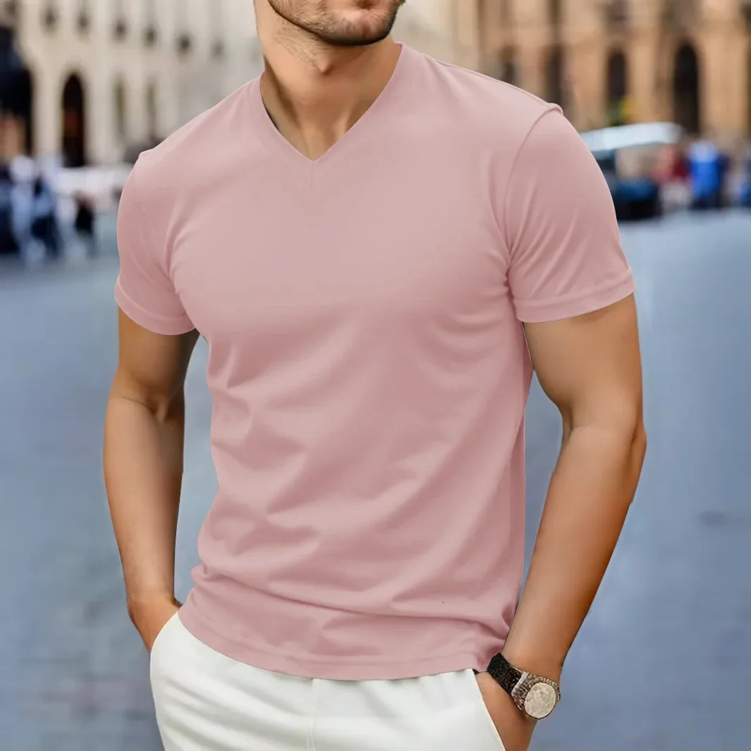 Mens Casual Fashion Simple Vneck Short Sleeved Tshirt Summer Comfortable Breathable Versatile Top 260302