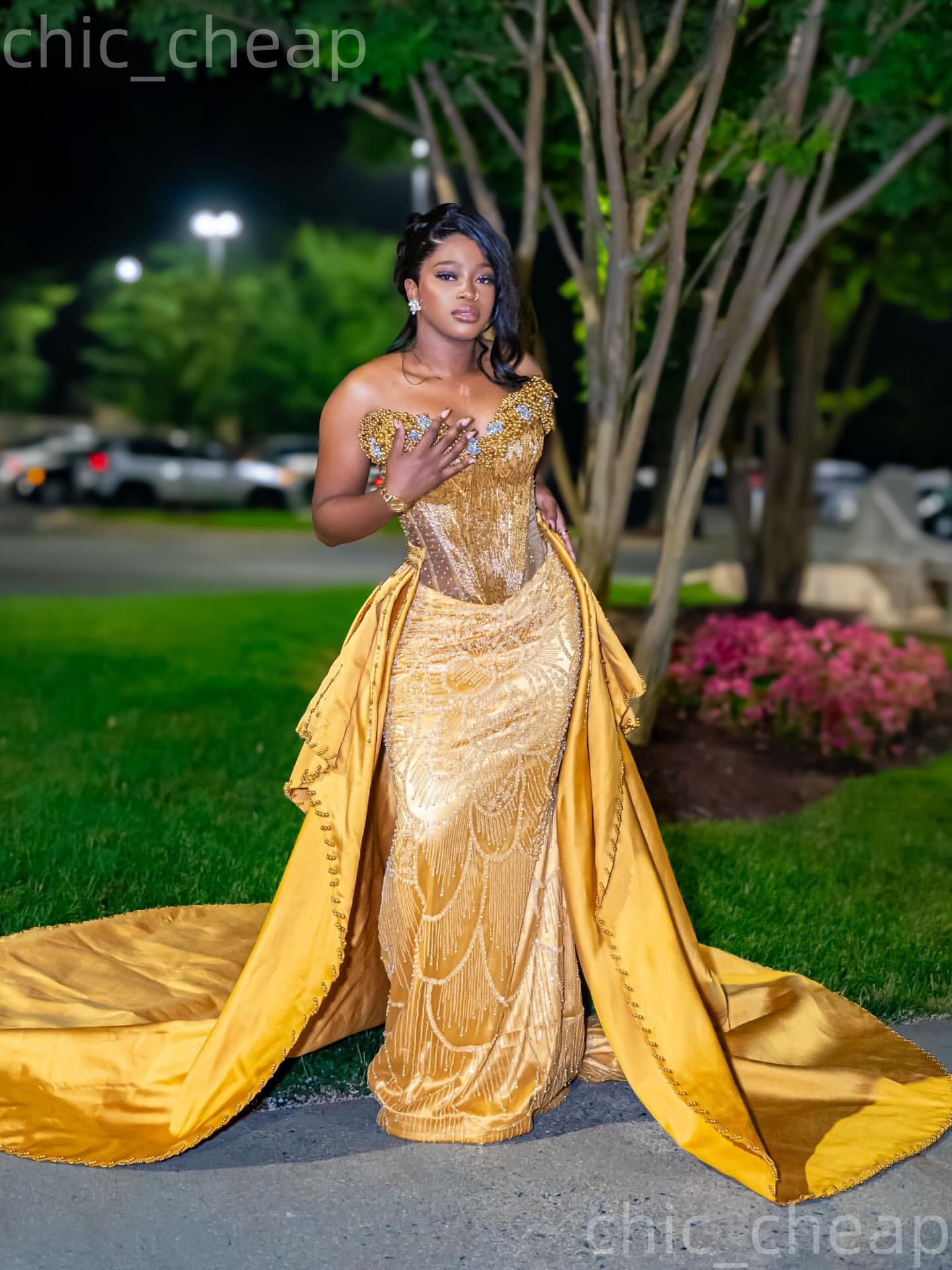 Aso Ebi Gold Prom Dress 2026 Mermaid Prom Dress Pearls Beaded Detachable Train Evening Dresses For Black Women Birthday Party Formal Receiption Gowns 