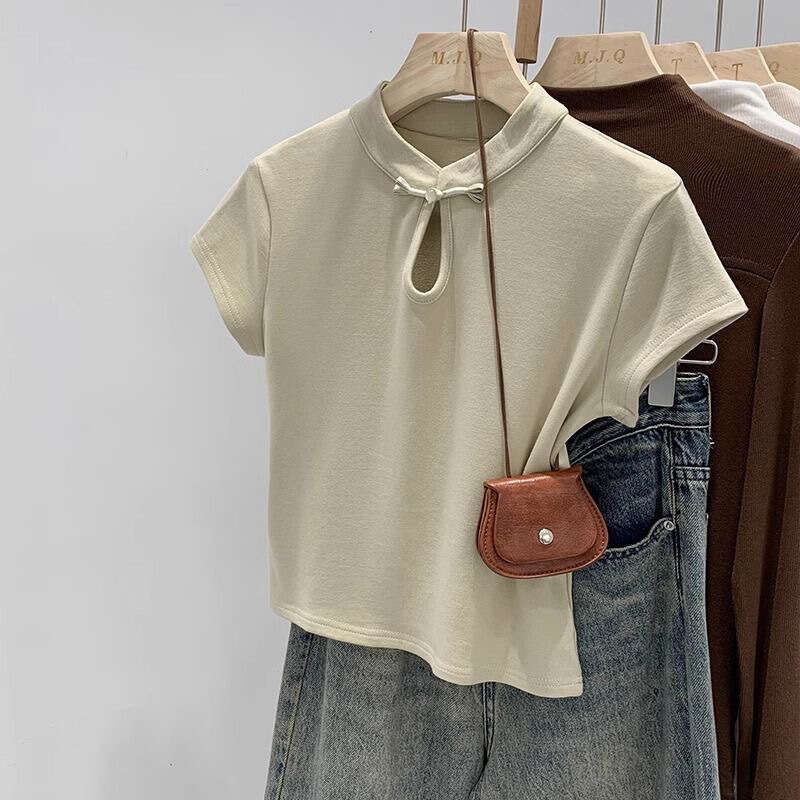 New Chinese T-irt Women's Summer 2026 Stand Collar Button up Top Faionable Design Elegant Chinese Style Short Sleeve T-Shirt