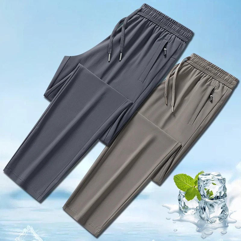 Ice Silk Mens trousers summer black-and-gray thin style business casual pants outdoor stretch breathable straight leg loos 260304