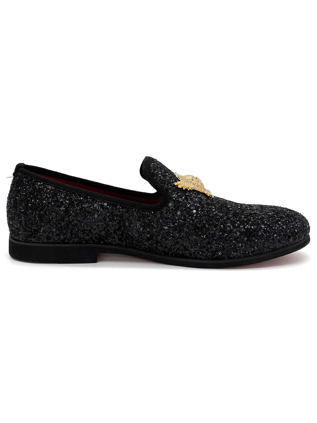 Men's Black Glitter Loafers Sparkly Sequined Slip-On Dress Shoes with Gold Eagle Emblem Luxury Formal Wedding Party Evening Shoes with Red Sole