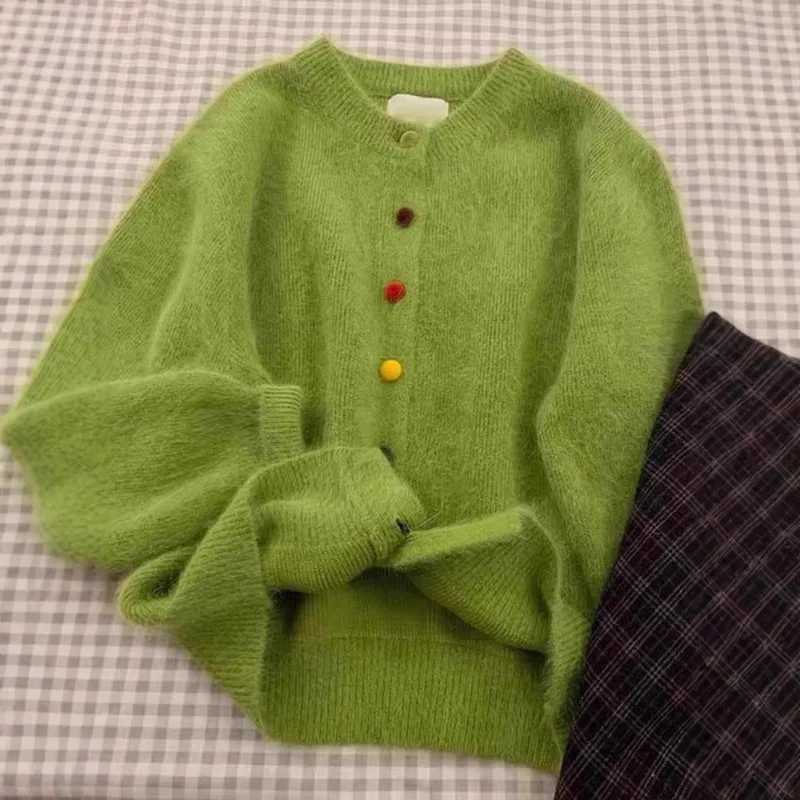 Retro Green Top Colorful Buttoned Sweater Jacket for Women Spring Autumn Loose White Knitted Cardigan M260306