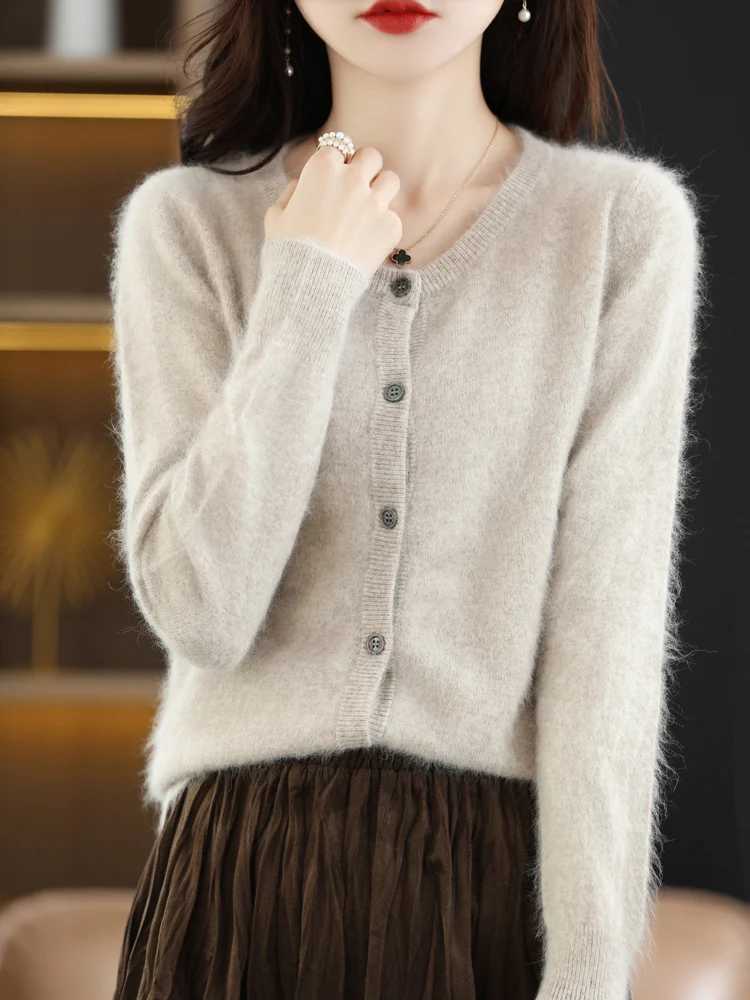 LHZSYY Women Cardigan Super Warm Pure Mink Cashmere Sweaters O-neck Loose Female Sweater Ladies Solid Color Knit Cardigans M260306