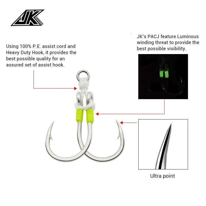 JK PACJ Power Twin Assist Hooks Set 1/0-11/0 Luminous Heavy Jig Hook Boat Fishing Accessories Saltwater Fishhooks S260305