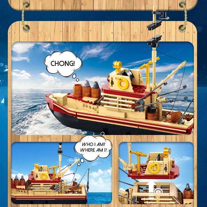 Fishing Trawler Great White Shark Boat Building Blocks Pirate Ship Figures Model Bricks Set Kids DIY Toys Holiday Gifts Z260305