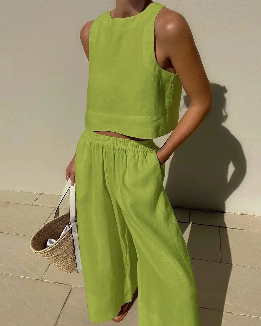 Cotton And Linen Pant Sets Women Sleeveless Leace-up Short Tops Drawstring Long Pants Two Piece Set Commuting Summer 260304